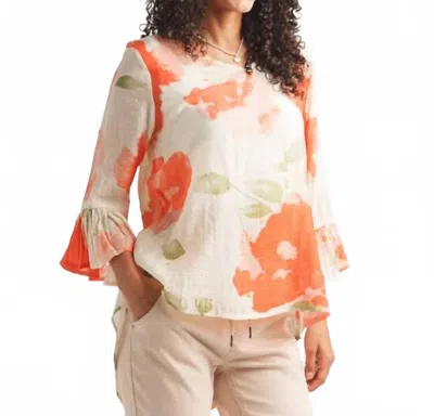 Papillon Floral Bell Sleeve High Low Blouse In Orange