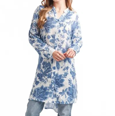 Papillon Floral Button Front Tunic With Tab Sleeves In Blue In Multi