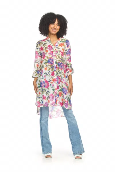 Papillon Floral Button Front Tunic With Tab Sleeves In Pink