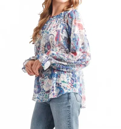 Papillon Floral Embroidered Paisley Off The Shoulder Top In Blue
