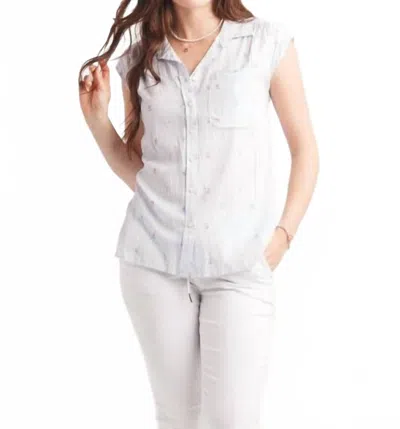 Papillon Floral Extended Shoulder Button Front Blouse In Blue In White