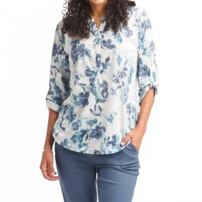 Papillon Floral Knit Henley Neck Top With Tab Sleeves In Blue