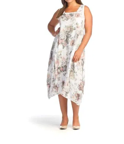 Papillon Floral Linen Panelled Dress In White In Multi