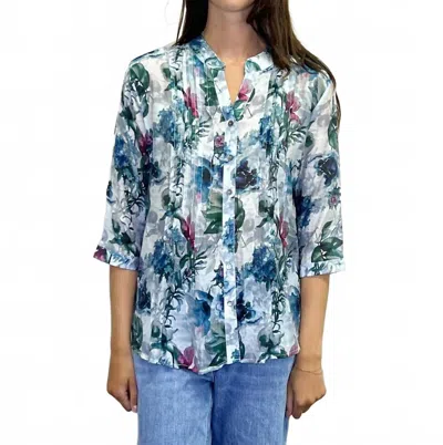 Papillon Floral Pintuck Button Front Blouse In Blue