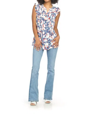 Papillon Floral Pintucks Blouse With Ruffle Sleeve In Blue In Multi