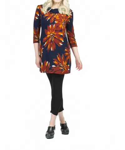 Papillon Floral Print Cowl Neck 3/4 Sleeve Dress In Navy/ Brown In Multi