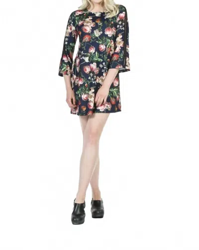 Papillon Floral Print Lace Inset Bell Sleeve Dress In Navy In Multi