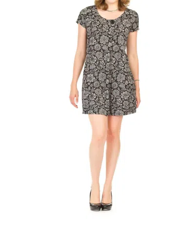 Papillon Floral Print Pleat Front 3/4 Sleeve A Line Dress In Grey In Black
