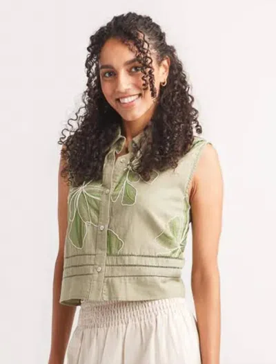 Papillon Flower Embroidery Collared Sleeveless Crop Top In Khaki In Gray