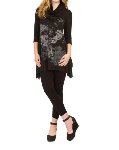 Papillon Flower Print 3/4 Sleeve Tunic In Black In Multi