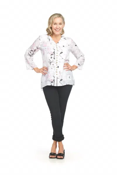 Papillon Garden Print Layered Button Front Blouse In White/pink In Multi