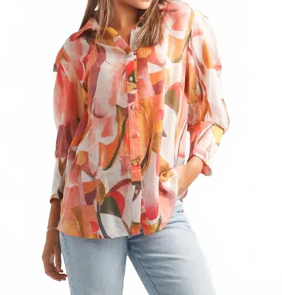 Papillon Geo Print Shirt With Balloon Sleeves In Orange In Multi