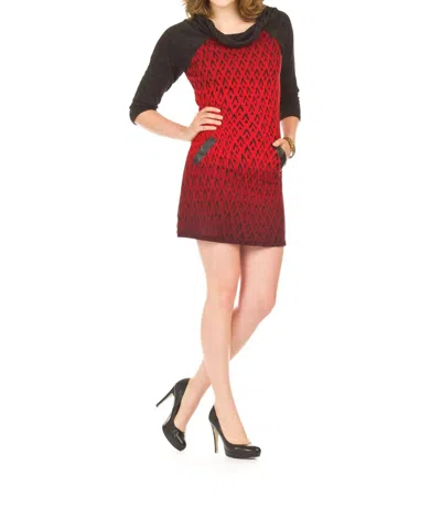Papillon Geometric Ombre Print Cowl Neck Leather Trim Pocket Dress In Red
