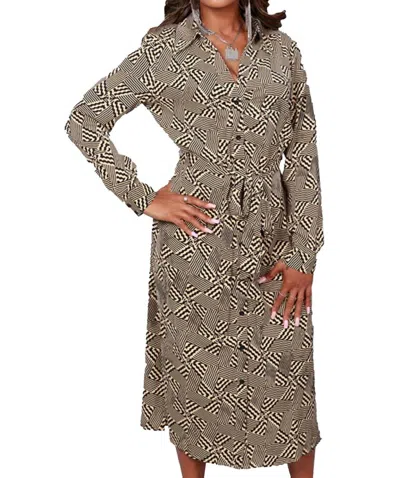 Papillon Geometric Print Collard Button Front Dress In Beige In Brown