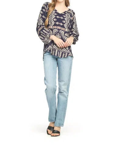Papillon Global Print Blouse With Tie Neck In Navy In Blue
