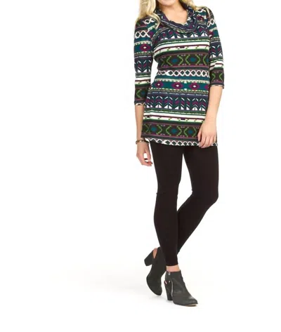 Papillon Global Print Cowl Neck Quarter Sleeve Dress In Teal Multi