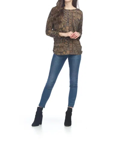 Papillon Global Print Sweater Top With Ruching Side In Multi In Brown