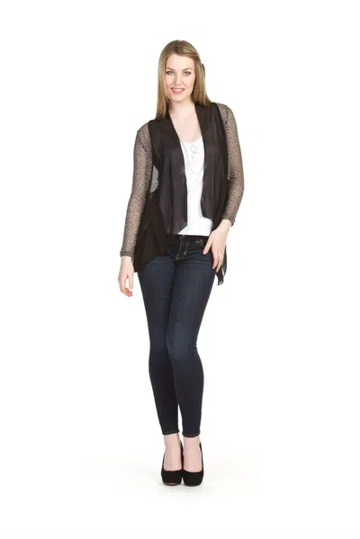 Papillon Heathered Mesh & Georgette Open Cardigan In Black