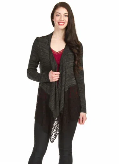Papillon Heathered Waterfall Cardigan With Lace Hem In Black