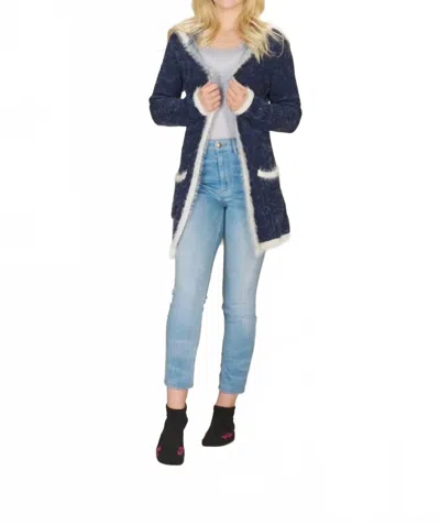 Papillon Hooded Eyelash Cardigan With Pockets In Navy Cream In Black