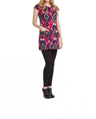 Papillon Ikat Short Sleeve Dress With Pockets In Grey/red In Multi