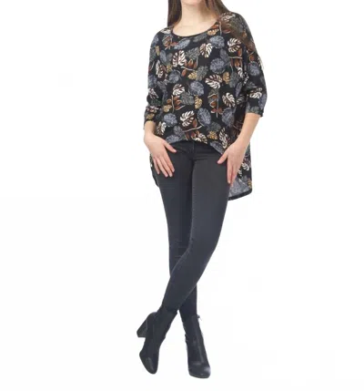 Papillon Leaf Print High Low Sweater In Black In Pink