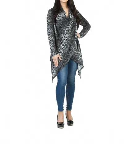 Papillon Leopard Print Crossover Drape Cardigan In Grey In Silver