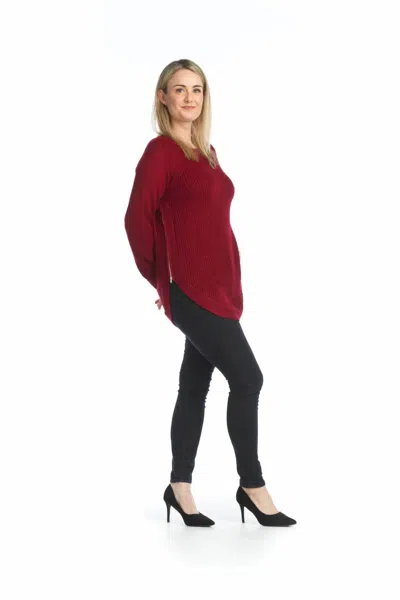 Papillon Long Sleeve Sweater With Zip Side In Burgundy In Red