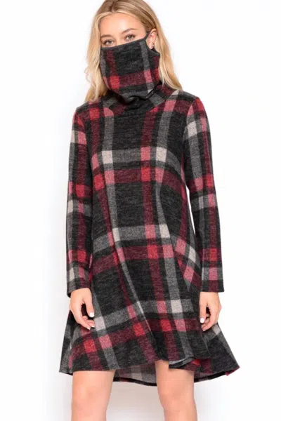 Papillon Masked Plaid Cowl Neck A-line Sweater Dress In Black In Multi