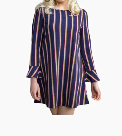 Papillon Multi Stripe Bell Sleeve Dress In Navy In Gold