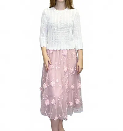 Papillon Open Knit 3/4 Sleeve Sweater With Scalloped Hem In Cream In White