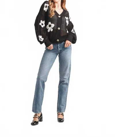 Papillon Open Knit Daisy Print Long Sleeves Cardigan In Black