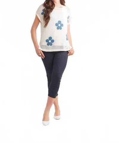 Papillon Open Knit Top With Daisy Flowers In Cream/blue In White