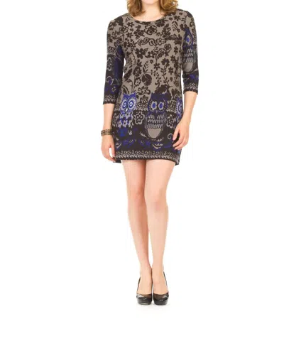 Papillon Owl Border Print 3/4 Sleeve Scoop Neck Dress In Grey In Brown