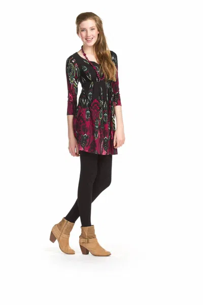Papillon Paisley Border Print 3/4 Sleeve Pleated Waist Dress In Black In Multi