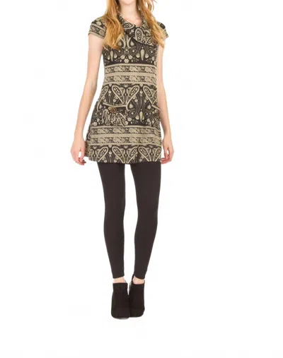 Papillon Paisley Border Print Cap Sleeve Drape Collar Dress In Black In Multi