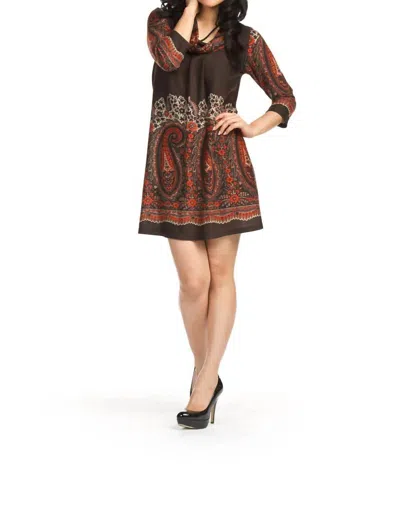 Papillon Paisley Print Cowl Neck Pleated Front Dress In Brown
