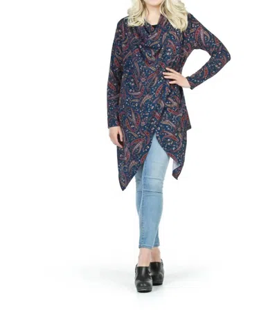 Papillon Paisley Print Crossover Drape Sweater In Navy In Multi