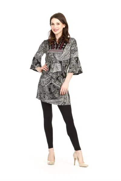 Papillon Paisley Print Embroidered Yoke Tunic With Tassel In Black/white