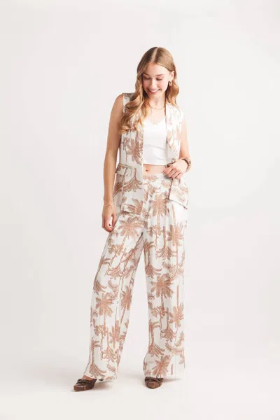 Papillon Palm Print Wide Leg Pants With Elastic Back In White/brown In Neutral