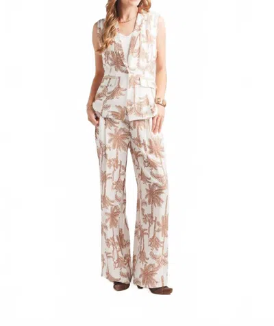 Papillon Palm Tree Print Vest With Lace Detail In Cream/brown In Multi
