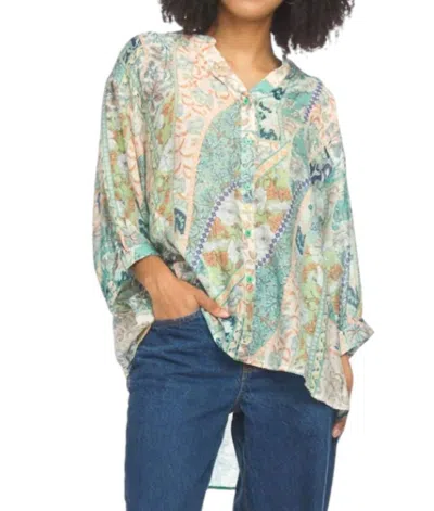 Papillon Patchwork Lightweight Button Front Top In Green In Multi