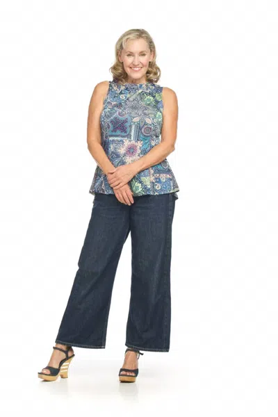 Papillon Patchwork Stretch Peplum Style Top In Blue