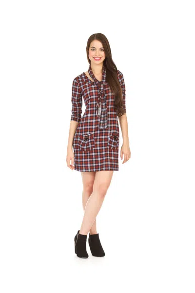 Papillon Plaid 3/4 Sleeve Dress With Pockets & Scarf In Blue/red In Multi