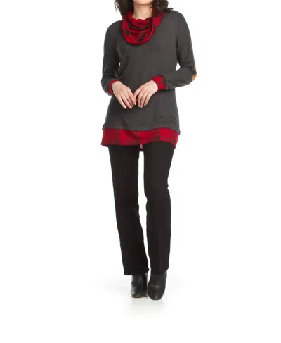 Papillon Plaid Cowl Neck Tunic With Elbow Patches In Grey In Gray