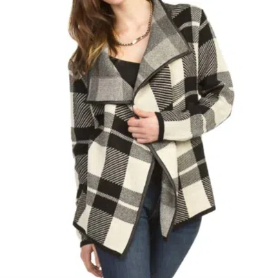 Papillon Plaid Drape Cardigan With Leather Trim In Charcoal In Gray