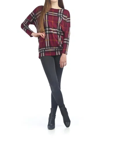 Papillon Plaid Oversized Sweatshirt With Banded Bottom In Burgundy In Multi