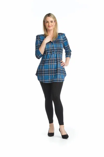 Papillon Plaid Pintuck Henley Sweater Tunic In Blue In Yellow