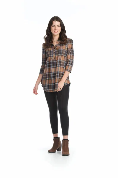 Papillon Plaid Pintuck Henley Sweater Tunic In Brown