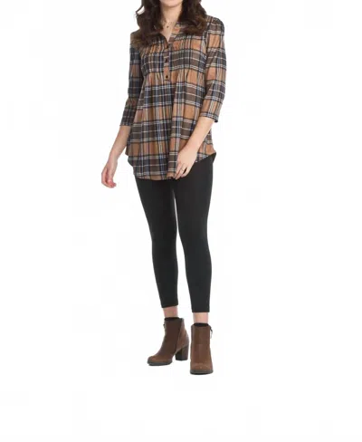 Papillon Plaid Pintuck Henley Sweater Tunic Top In Brown